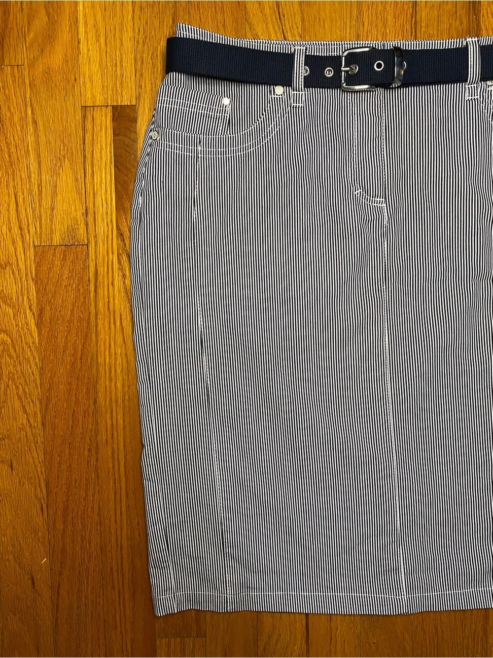 Navy and White Pinstripe Midi Skirt with Belt